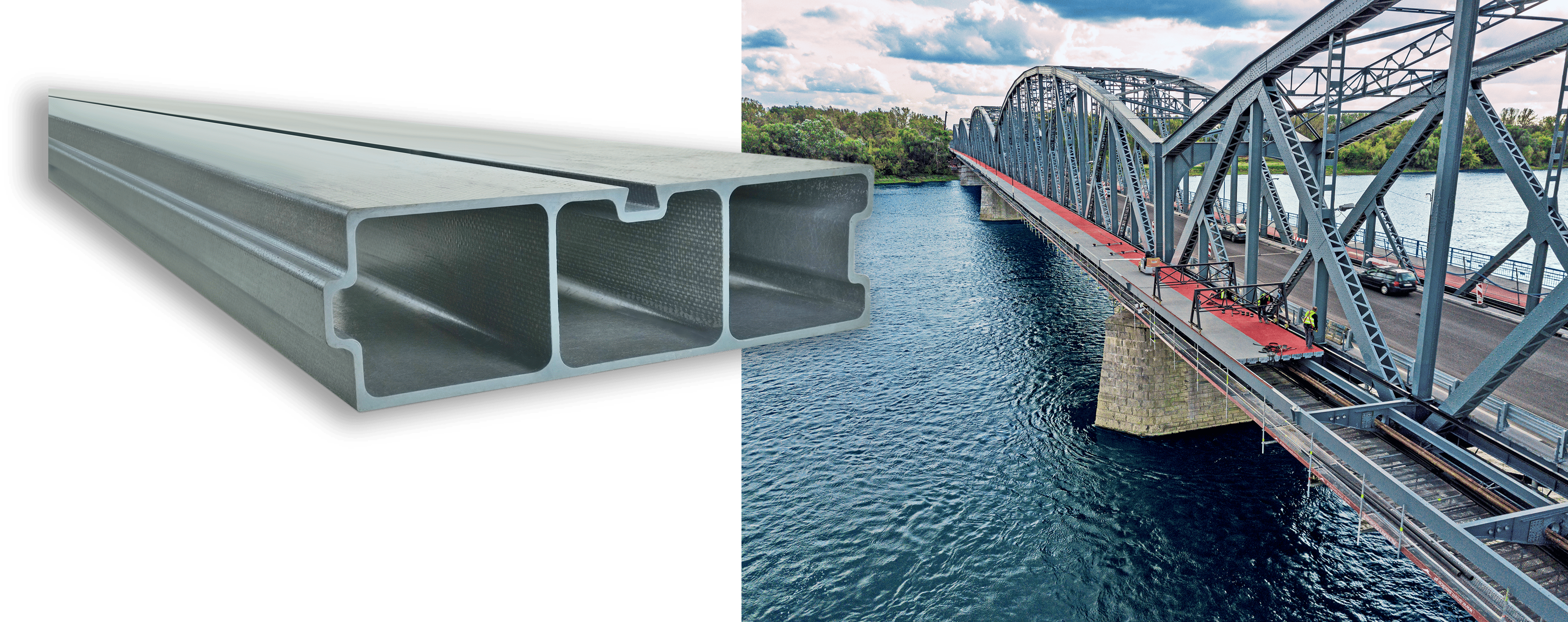 Brücke in Torun, Polen - Spezialprofils zur Erweiterung der seitlichen Fußgänger- und Radfahrwege Brücke in Torun, Polen - Spezialprofils zur Erweiterung der seitlichen Fußgänger- und Radfahrwege